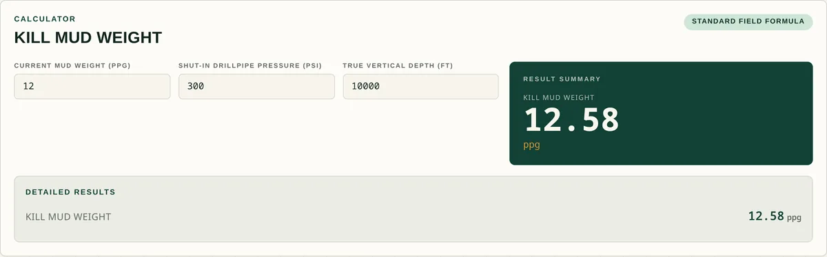 ProMud Solutions kill mud weight calculator with mud weight, shut-in drillpipe pressure and true vertical depth entered