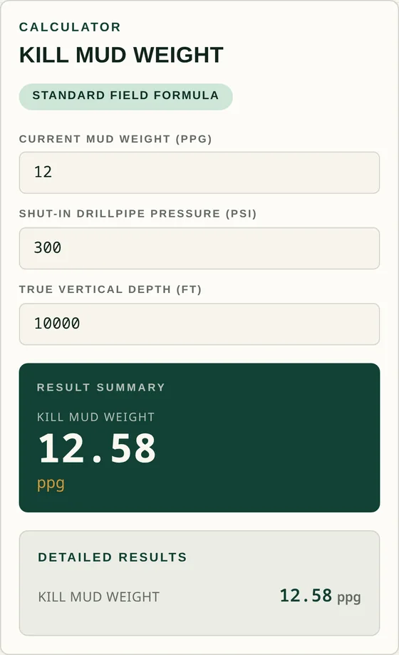 Kill mud weight calculator open on a phone screen, showing the result summary and detailed results